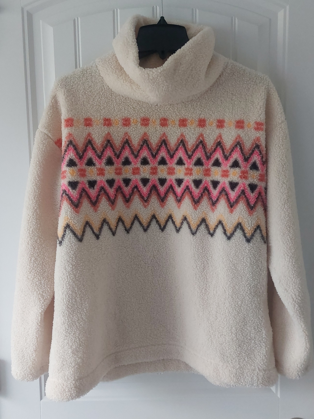 LOFT Cream Sherpa Turtleneck Sweater with Pink and Orange Zigzag